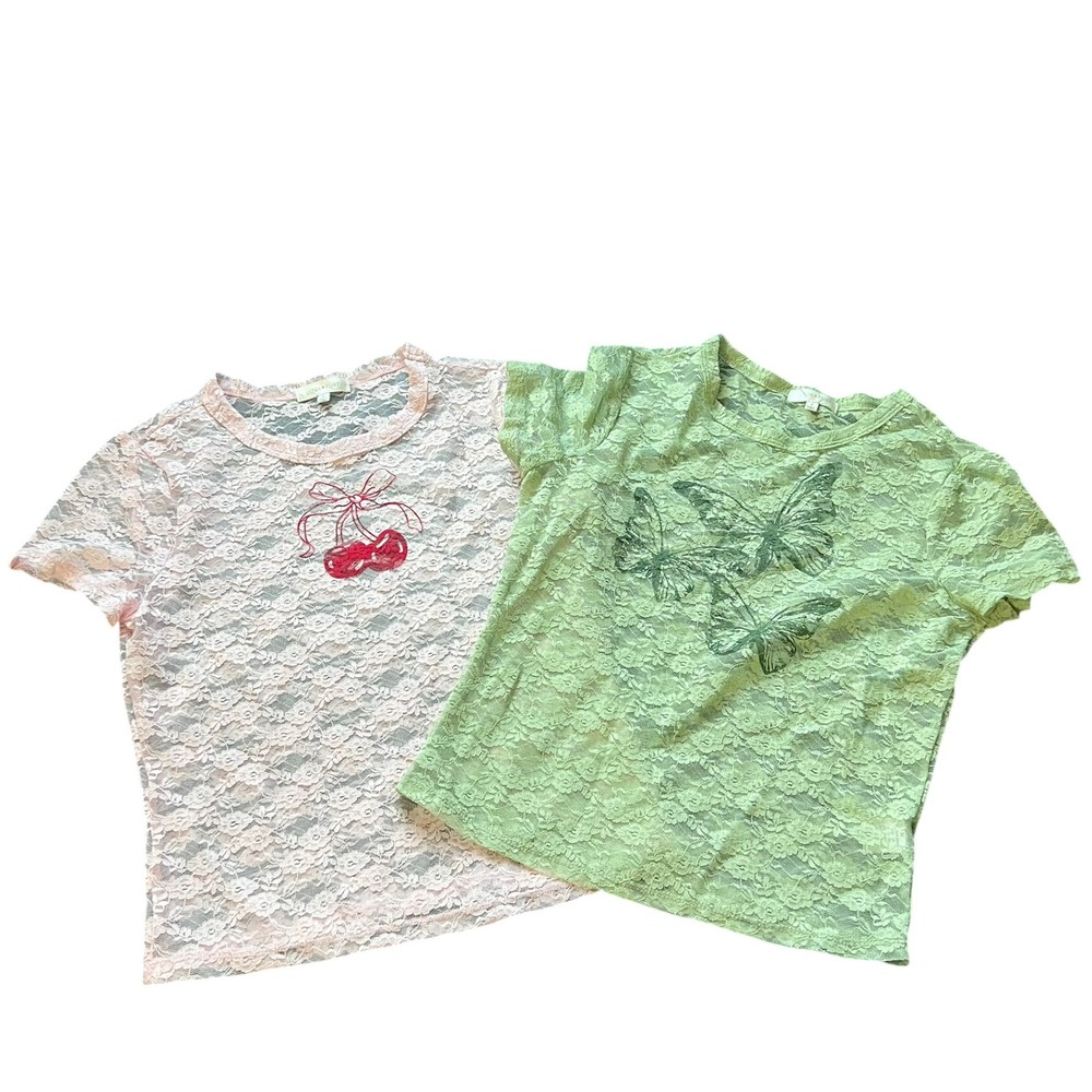 Ultra Flirt Two Lace Butterfly Cherry Tops Women's M Sheer Mesh‎ TShirt Coquette